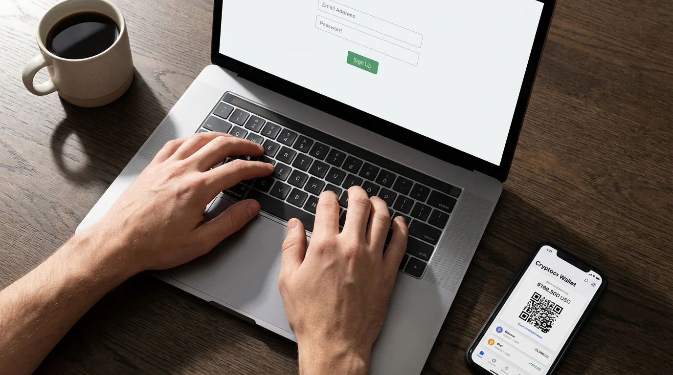Person registering at an anonymous casino on a laptop with only an email field visible on screen