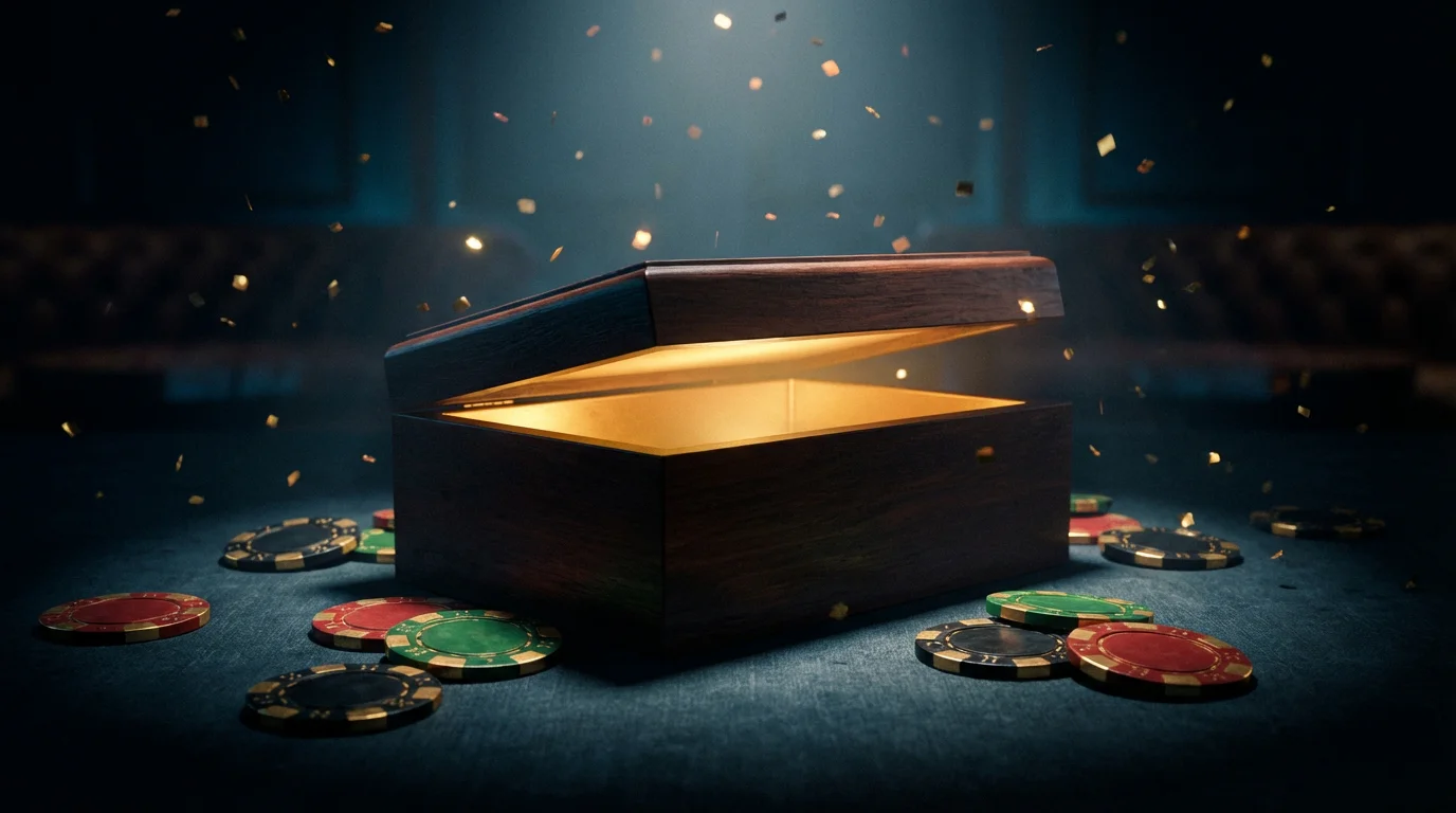 Welcome bonus offer display with gift box and casino chips representing no KYC casino promotions