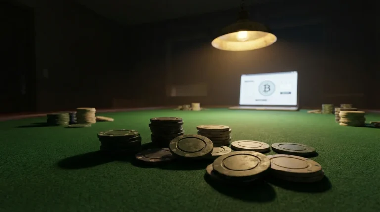Dimly lit poker table with scattered casino chips and a single glowing laptop screen showing a cryptocurrency wallet interface