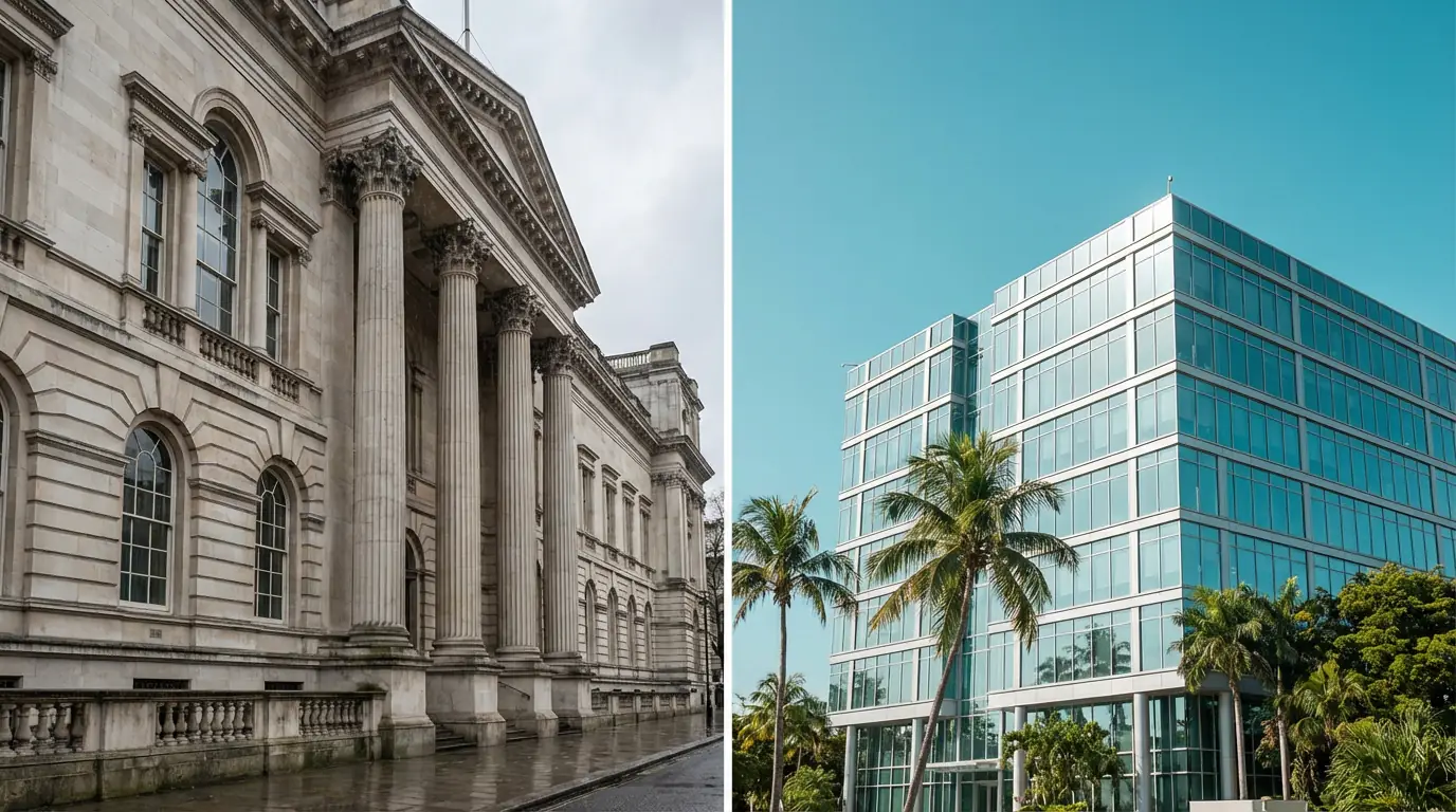 Split-view of a UK government building on one side and a tropical Curacao office with palm trees on the other representing different licensing jurisdictions