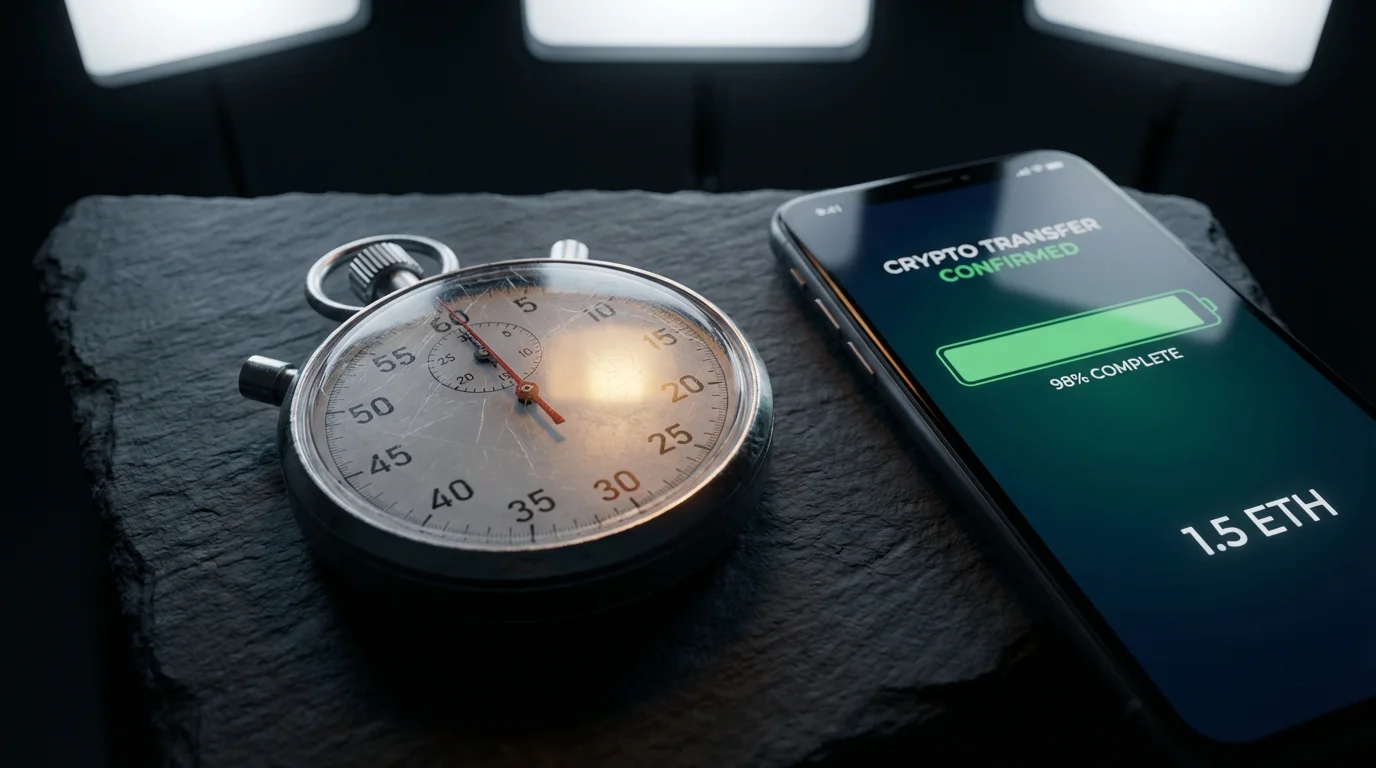 Stopwatch next to a smartphone showing a crypto transaction confirmation for casino payment processing