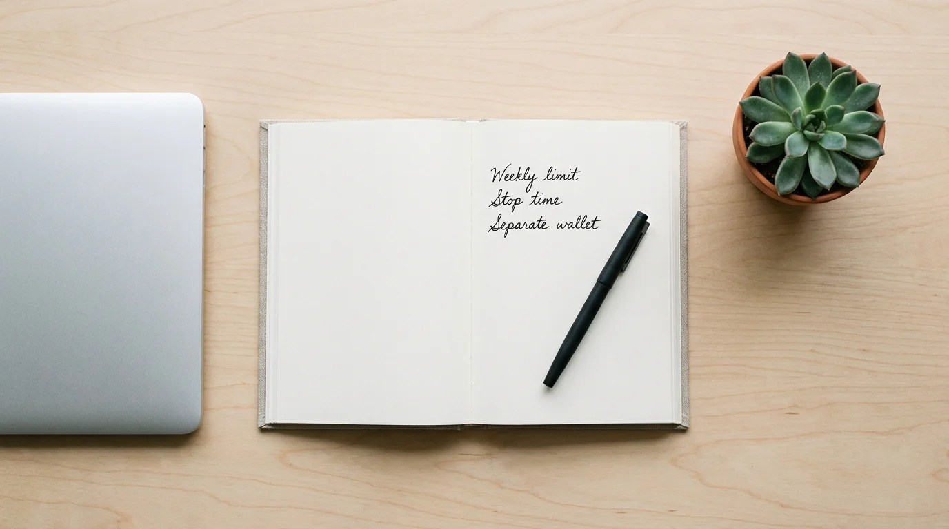 Person sitting at a tidy desk with a notebook open to a handwritten list of personal gambling rules and limits