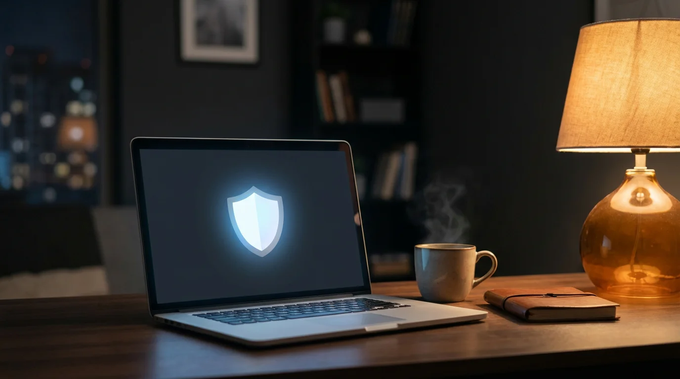 Using a VPN at no KYC casinos — laptop with VPN shield icon in a dimly lit room